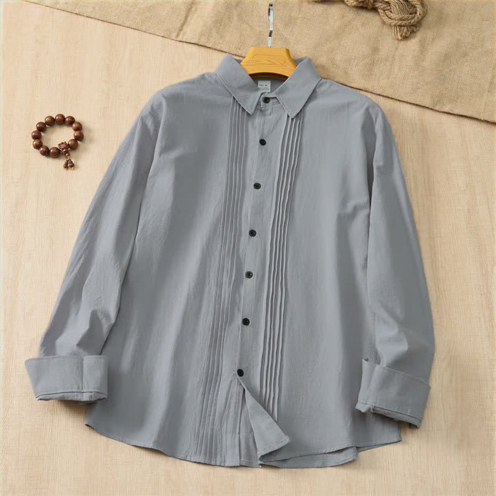 Buddha Stones Spring Minimalist Pintuck Button-Up Solid Men's Long Sleeve Shirts - image 26