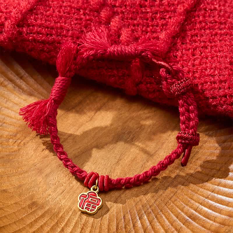 Buddha Stones Red String Fu Character Flower Blessing Bracelet - Dark Red String - image 0
