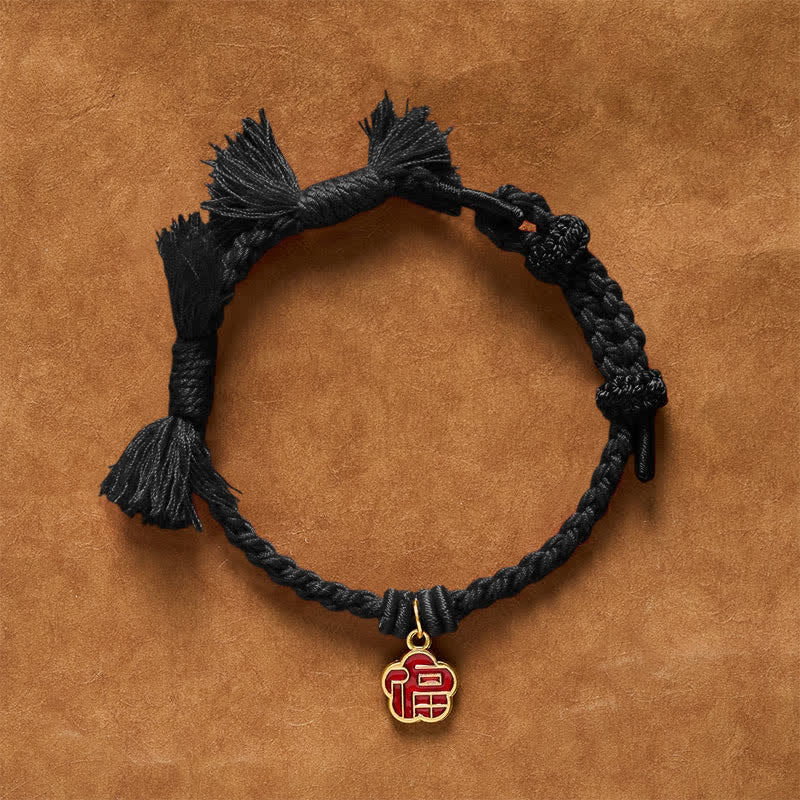 Buddha Stones Red String Fu Character Flower Blessing Bracelet - Black String - image 10