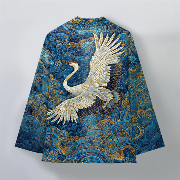 Buddha Stones Cotton Crane Flowing Waves Pattern Open Front Men's Kimono - image 2