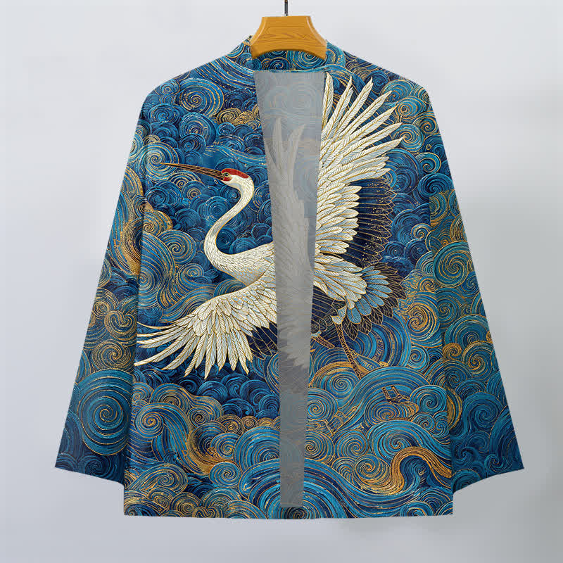 Buddha Stones Cotton Crane Flowing Waves Pattern Open Front Men's Kimono - image 1