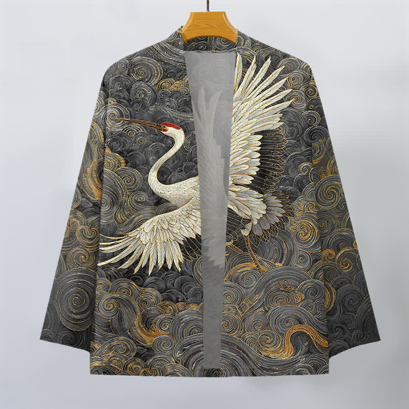 Buddha Stones Cotton Crane Flowing Waves Pattern Open Front Men's Kimono - image 7
