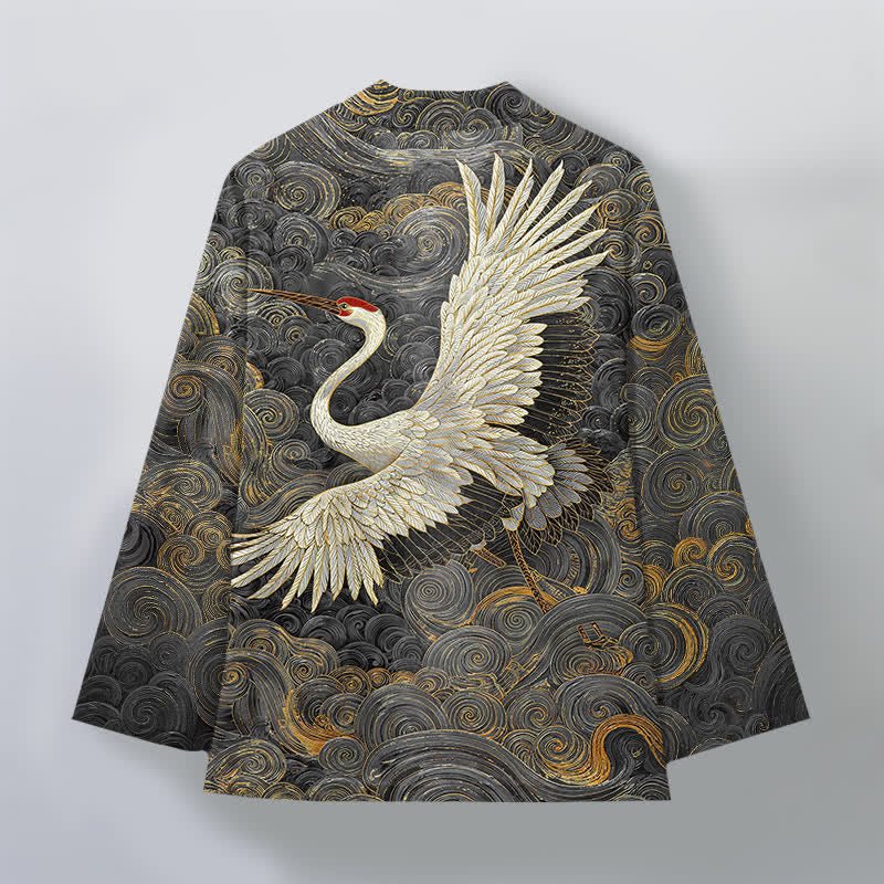 Buddha Stones Cotton Crane Flowing Waves Pattern Open Front Men's Kimono - image 8