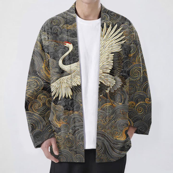 Buddha Stones Cotton Crane Flowing Waves Pattern Open Front Men's Kimono - DarkGray - US/UK/AU48，EU58 (4XL) - image 6