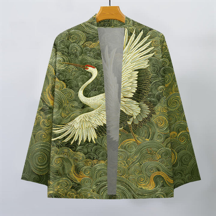 Buddha Stones Cotton Crane Flowing Waves Pattern Open Front Men's Kimono - image 10