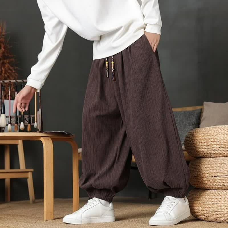 Buddha Stones Fall Casual Vintage Drawstring Solid Long Pants Men's Harem Pants With Pocket - image 3