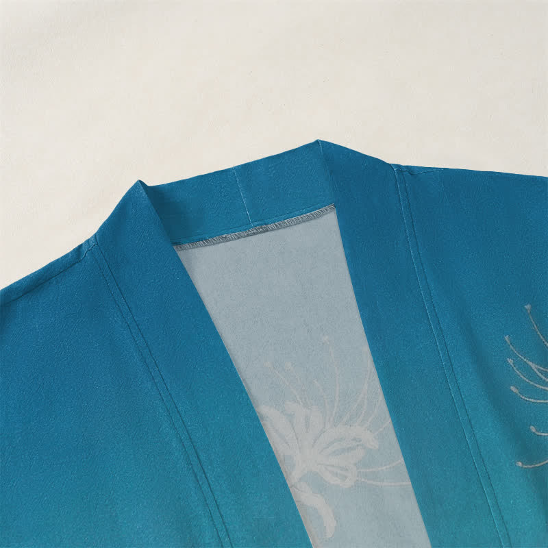Buddha Stones Cotton White Spider Lily Pattern Open Front Men's Kimono - image 3
