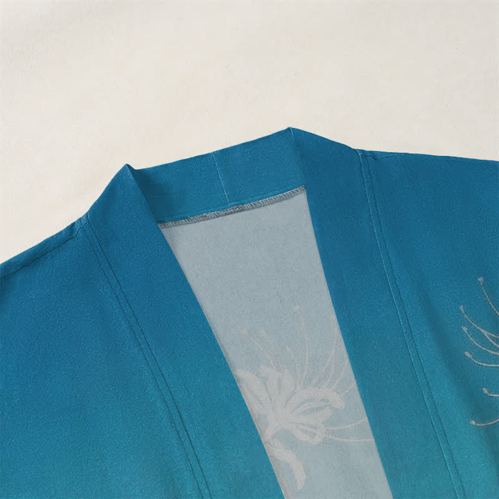 Buddha Stones Cotton White Spider Lily Pattern Open Front Men's Kimono - image 3