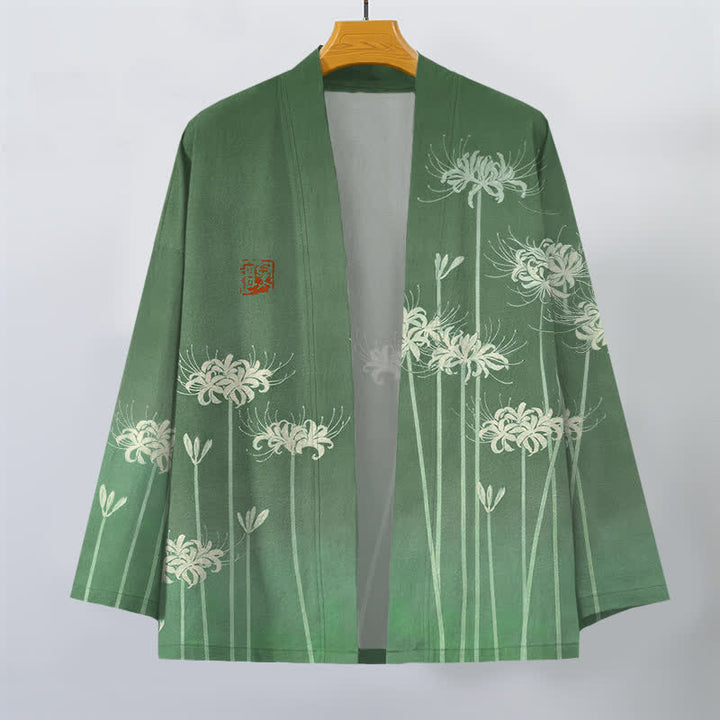 Buddha Stones Cotton White Spider Lily Pattern Open Front Men's Kimono - image 7