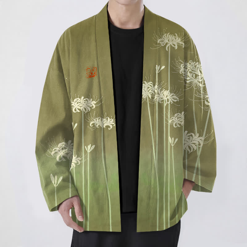 Buddha Stones Cotton White Spider Lily Pattern Open Front Men's Kimono - Olive - US/UK/AU48，EU58 (4XL) - image 9