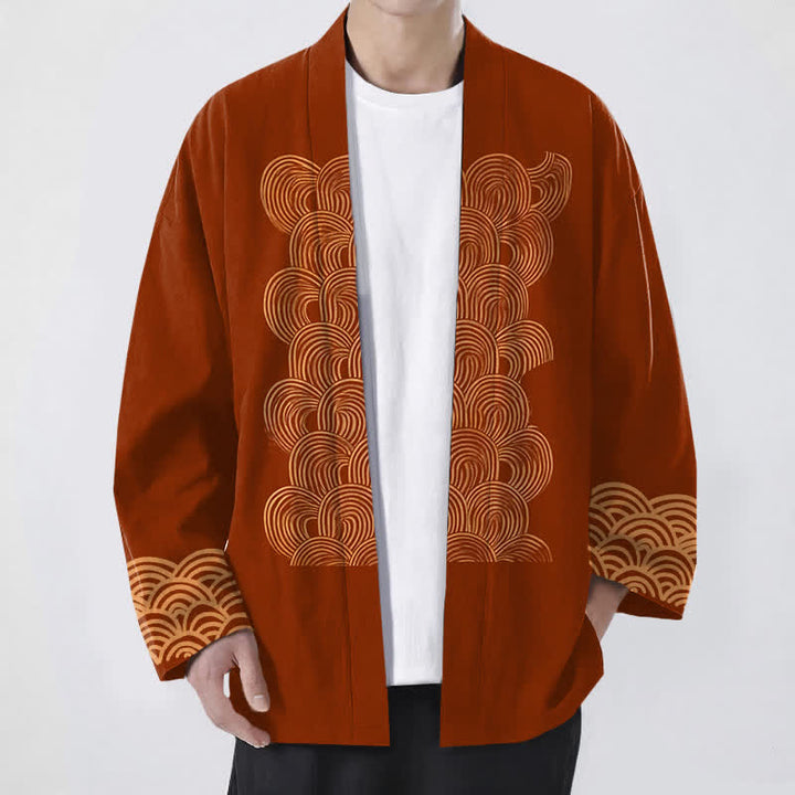 Buddha Stones Cotton Crescent Wave Pattern Open Front Men's Kimono - Sienna - US/UK/AU48，EU58 (4XL) - image 0