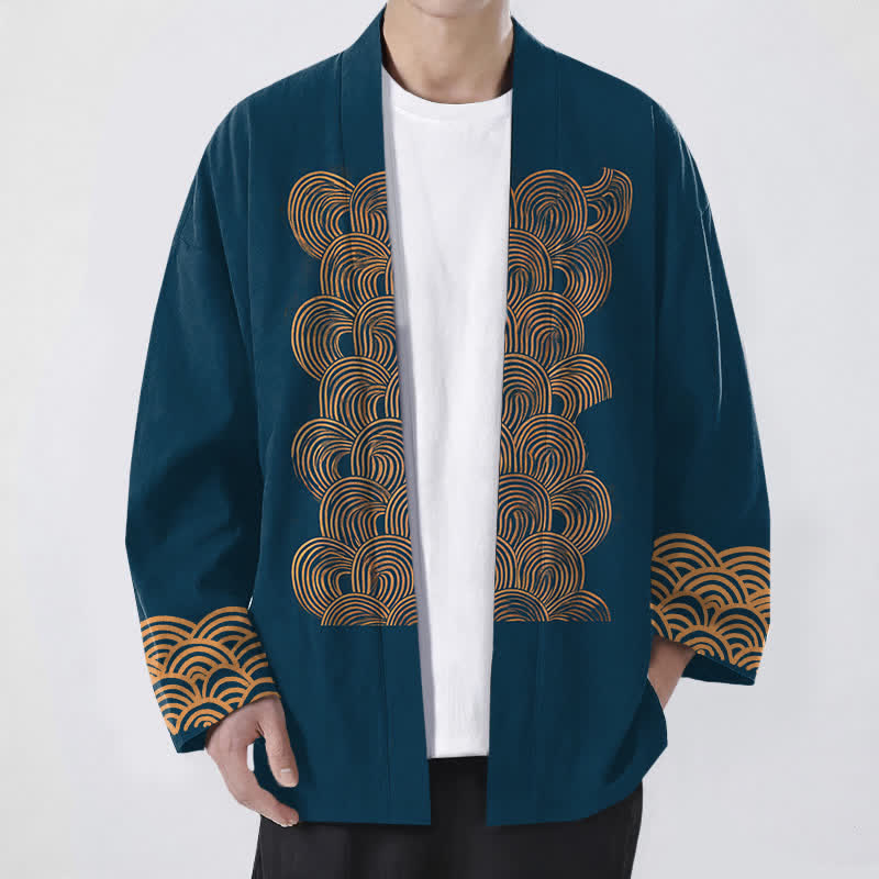 Buddha Stones Cotton Crescent Wave Pattern Open Front Men's Kimono - Teal - US/UK/AU48，EU58 (4XL) - image 6
