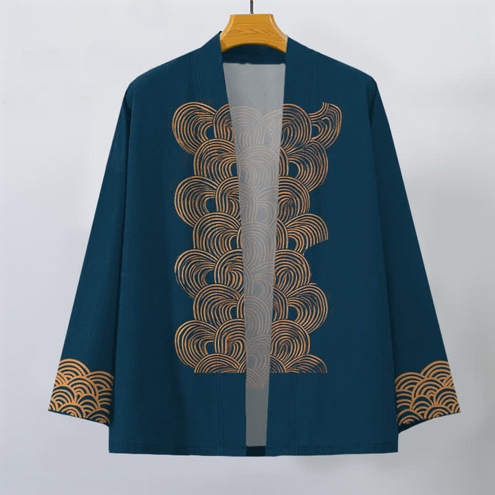 Buddha Stones Cotton Crescent Wave Pattern Open Front Men's Kimono - image 7