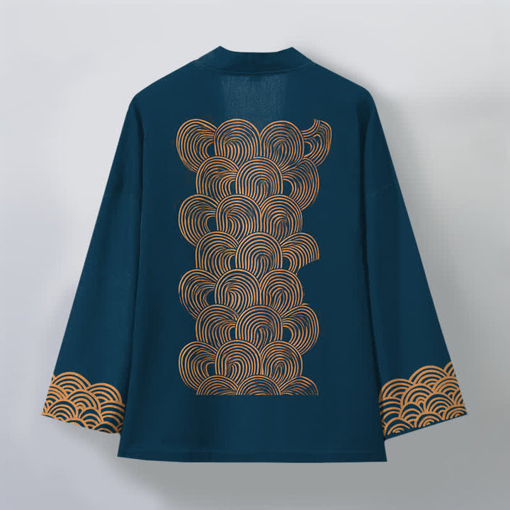 Buddha Stones Cotton Crescent Wave Pattern Open Front Men's Kimono - image 8