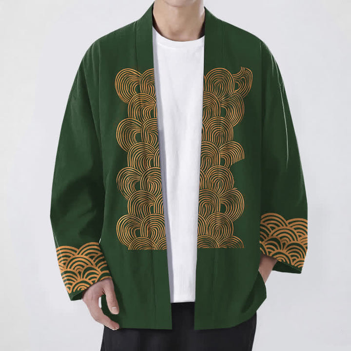 Buddha Stones Cotton Crescent Wave Pattern Open Front Men's Kimono - DarkGreen - US/UK/AU48，EU58 (4XL) - image 9