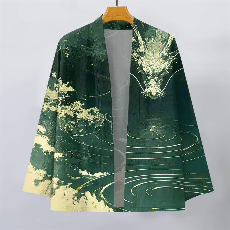 Buddha Stones Cotton Golden Dragon Cloud Waves Pattern Open Front Men's Kimono - image 7