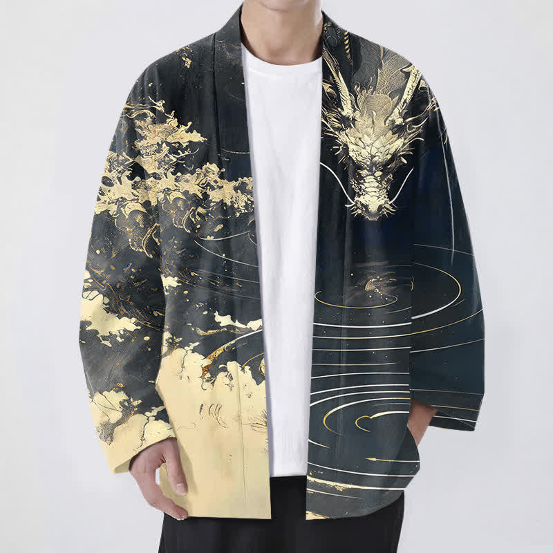 Buddha Stones Cotton Golden Dragon Cloud Waves Pattern Open Front Men's Kimono - Black - US/UK/AU48，EU58 (4XL) - image 9