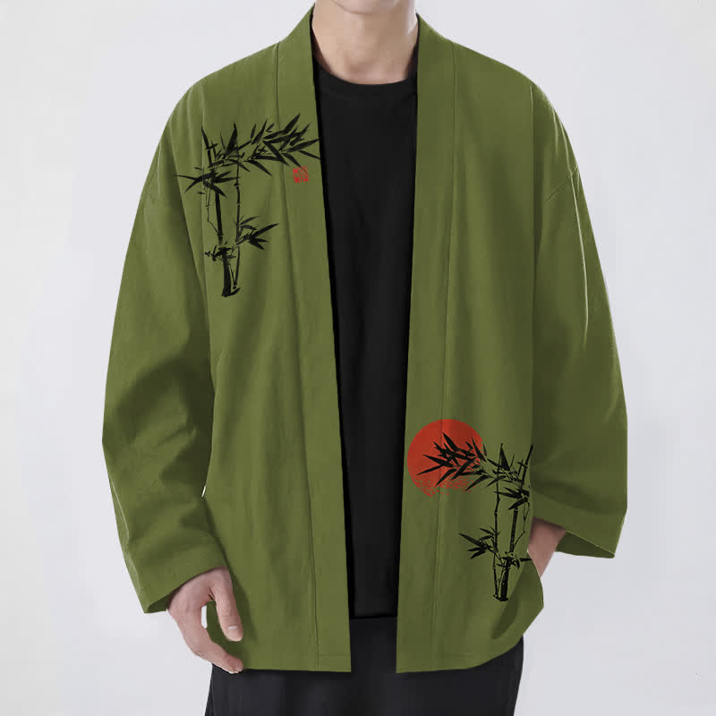 Buddha Stones Cotton Bamboo Red Sun Pattern Open Front Men's Kimono - OliveDrab - US/UK/AU48，EU58 (4XL) - image 0