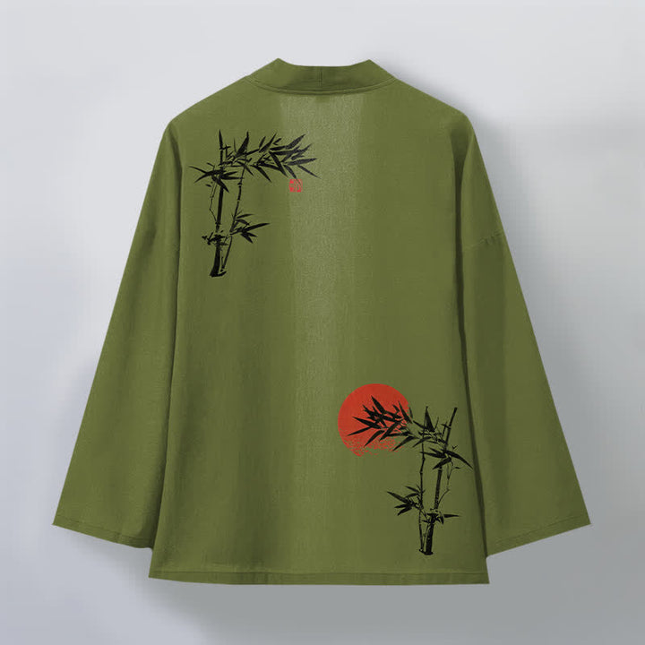 Buddha Stones Cotton Bamboo Red Sun Pattern Open Front Men's Kimono - image 2