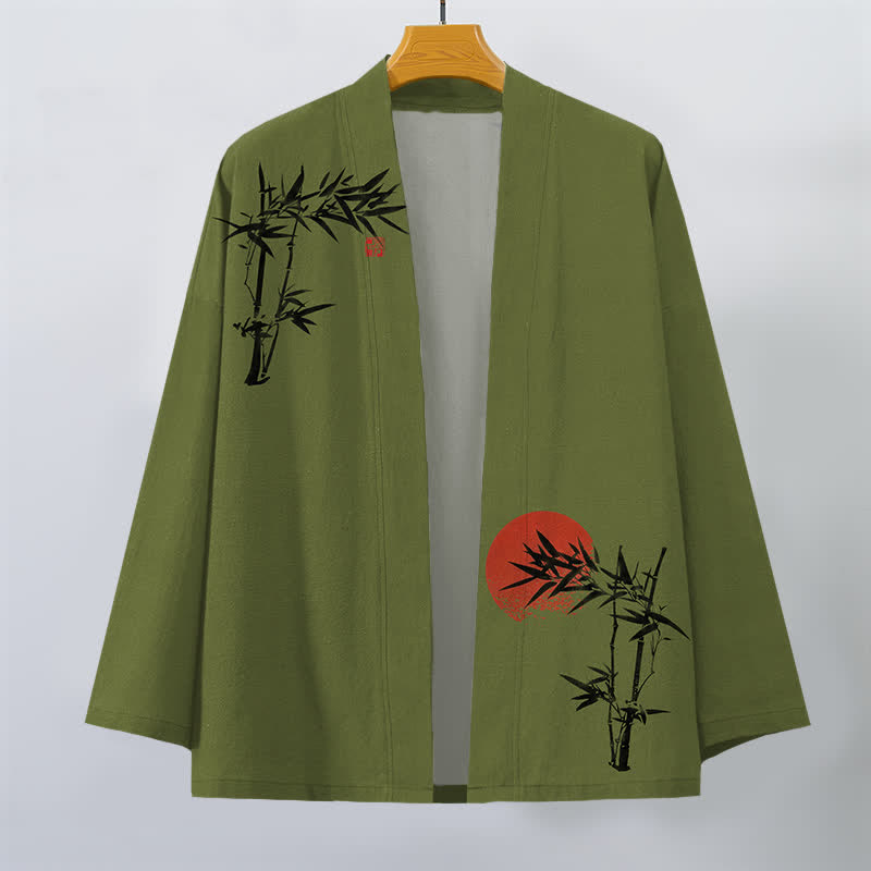 Buddha Stones Cotton Bamboo Red Sun Pattern Open Front Men's Kimono - image 1