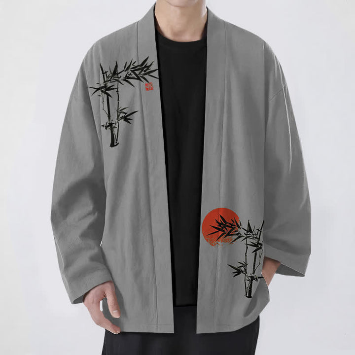 Buddha Stones Cotton Bamboo Red Sun Pattern Open Front Men's Kimono - DarkGray - US/UK/AU48，EU58 (4XL) - image 6