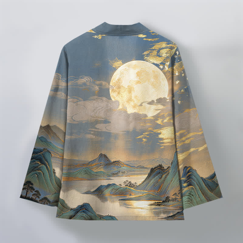 Buddha Stones Cotton Golden Moon Mountain Landscape Pattern Open Front Men's Kimono - image 11
