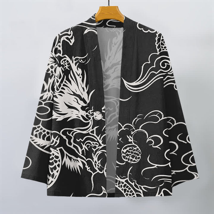 Buddha Stones Cotton White Dragon and Cloud Pattern Open Front Men's Kimono - image 10