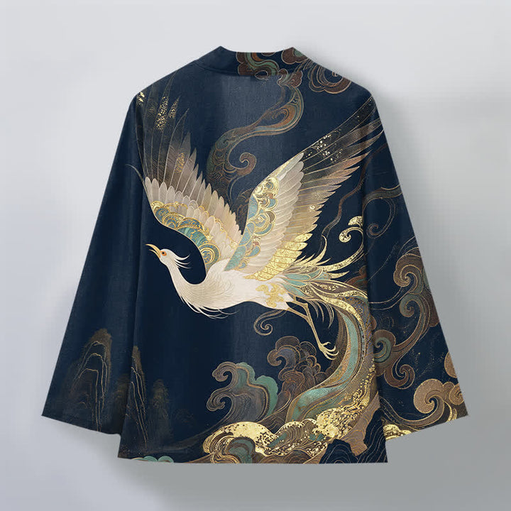 Buddha Stones Cotton Golden Crane Clouds Pattern Open Front Men's Kimono - image 2