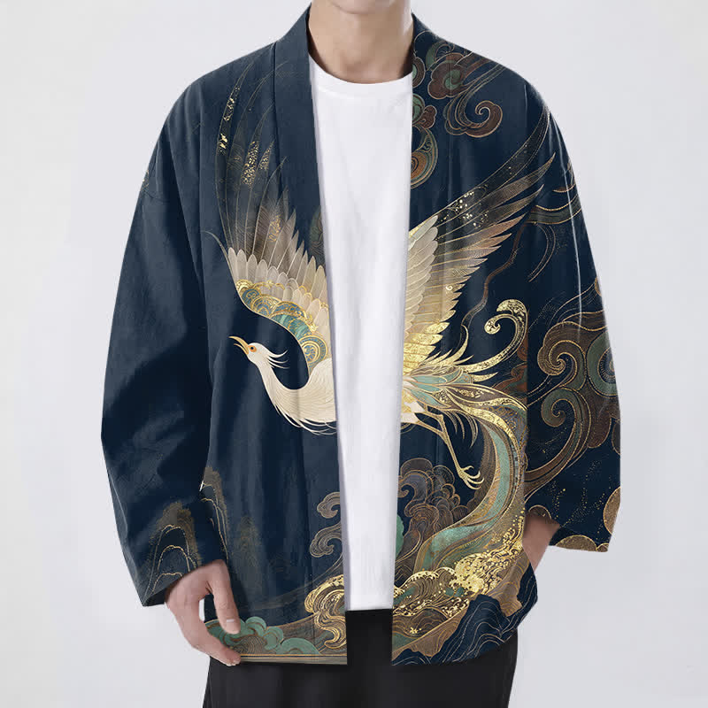 Buddha Stones Cotton Golden Crane Clouds Pattern Open Front Men's Kimono - Navy - US/UK/AU48，EU58 (4XL) - image 0