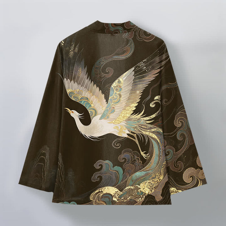 Buddha Stones Cotton Golden Crane Clouds Pattern Open Front Men's Kimono - image 8