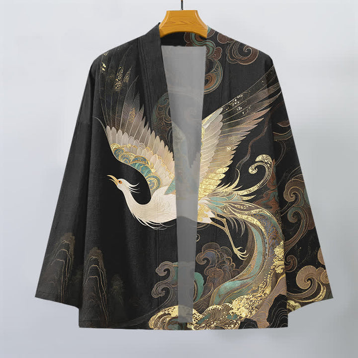 Buddha Stones Cotton Golden Crane Clouds Pattern Open Front Men's Kimono - image 10