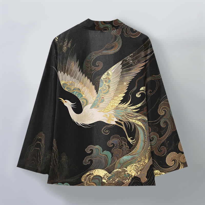 Buddha Stones Cotton Golden Crane Clouds Pattern Open Front Men's Kimono - image 11