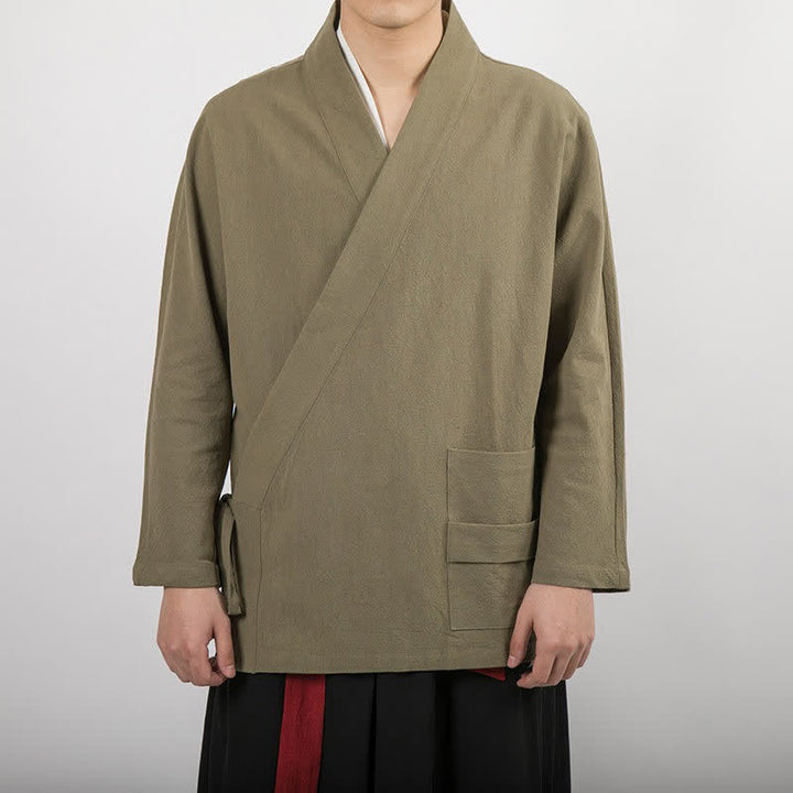 Buddha Stones Spring Fall Minimalist Tang Style Drawstring Solid Cotton Men's Kimonos With Pocket - DarkKhaki - US/UK/AU44，EU54 (4XL) - image 4