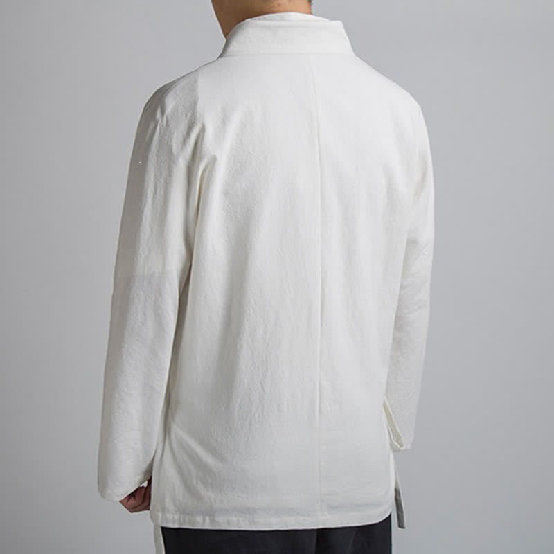 Buddha Stones Spring Fall Minimalist Tang Style Drawstring Solid Cotton Men's Kimonos With Pocket - image 15