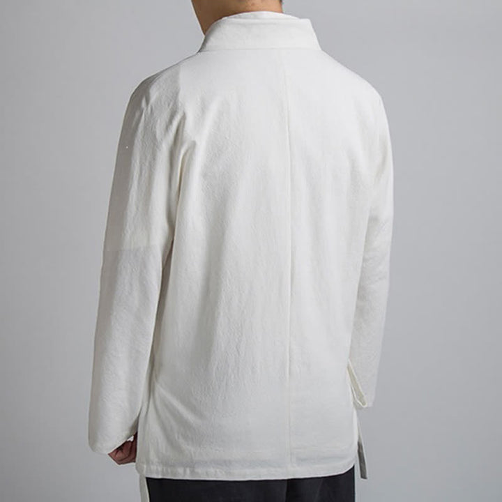 Buddha Stones Spring Fall Minimalist Tang Style Drawstring Solid Cotton Men's Kimonos With Pocket - image 15
