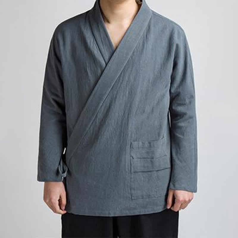 Buddha Stones Spring Fall Minimalist Tang Style Drawstring Solid Cotton Men's Kimonos With Pocket - SlateGray - US/UK/AU44，EU54 (4XL) - image 12