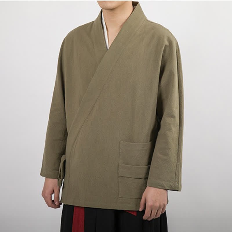 Buddha Stones Spring Fall Minimalist Tang Style Drawstring Solid Cotton Men's Kimonos With Pocket - image 5