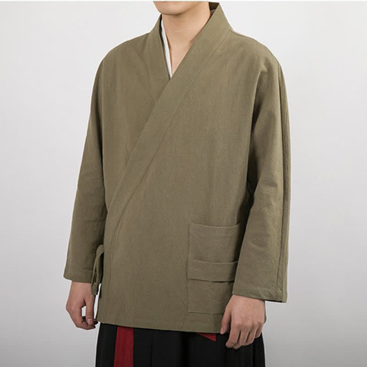 Buddha Stones Spring Fall Minimalist Tang Style Drawstring Solid Cotton Men's Kimonos With Pocket - image 5