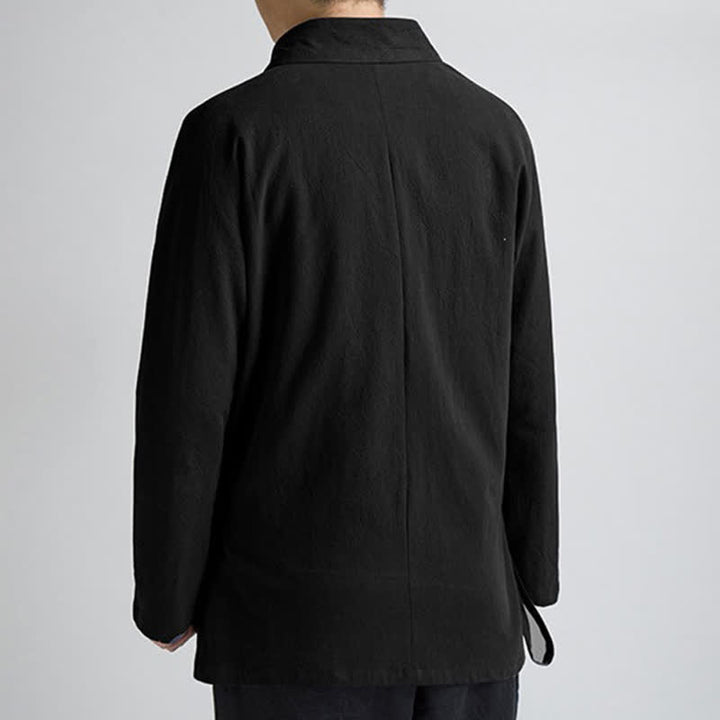 Buddha Stones Spring Fall Minimalist Tang Style Drawstring Solid Cotton Men's Kimonos With Pocket - image 3