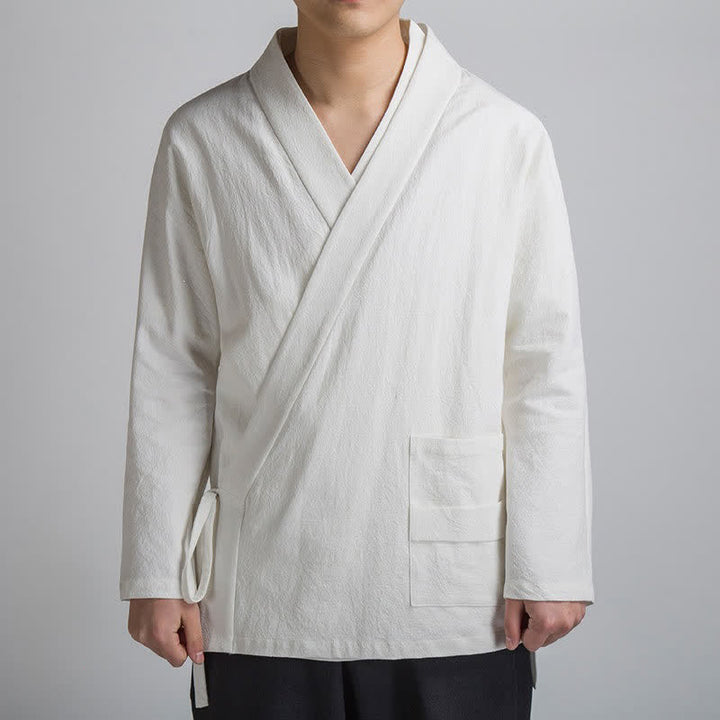 Buddha Stones Spring Fall Minimalist Tang Style Drawstring Solid Cotton Men's Kimonos With Pocket - White - US/UK/AU44，EU54 (4XL) - image 13