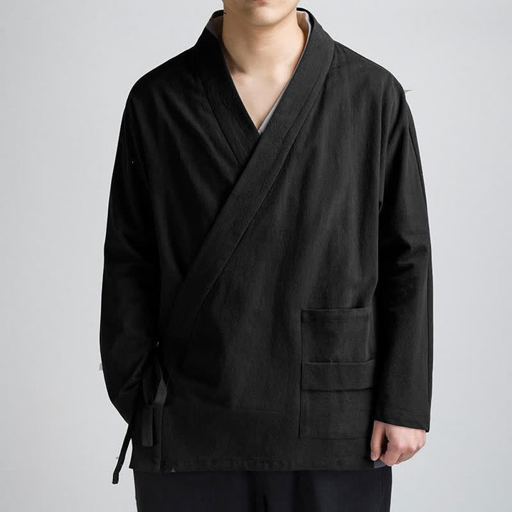 Buddha Stones Spring Fall Minimalist Tang Style Drawstring Solid Cotton Men's Kimonos With Pocket - Black - US/UK/AU44，EU54 (4XL) - image 2