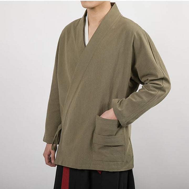 Buddha Stones Spring Fall Minimalist Tang Style Drawstring Solid Cotton Men's Kimonos With Pocket - image 6