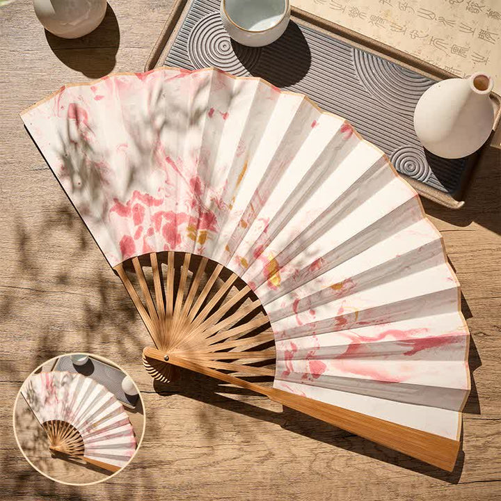 Buddha Stones Pink Gold Lacquer Floating Pattern Ink Bamboo Paper Folding Fan - 10-inch Folding Fan Pink Gold - Closed Size: Approx. 33 cm /13.0 in - image 0