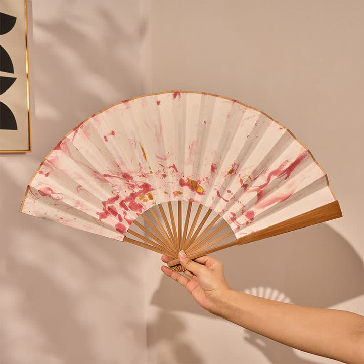 Buddha Stones Pink Gold Lacquer Floating Pattern Ink Bamboo Paper Folding Fan - image 3
