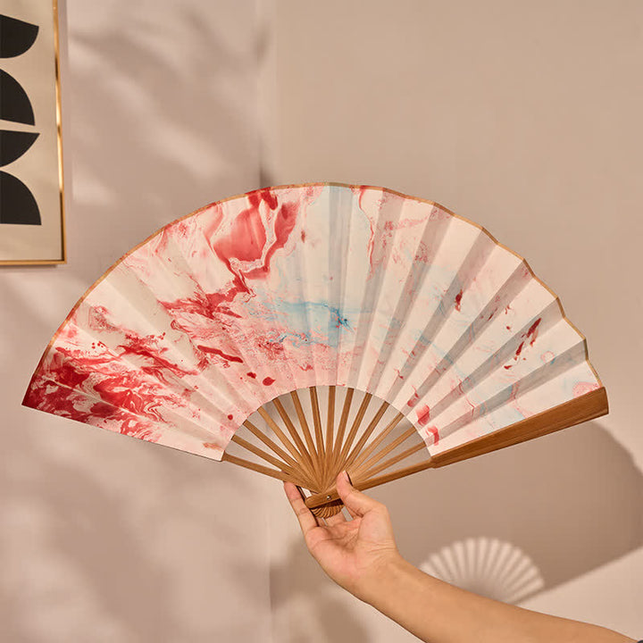 Buddha Stones Pink And Blue Lacquer Floating Pattern Ink Bamboo Paper Folding Fan - image 3