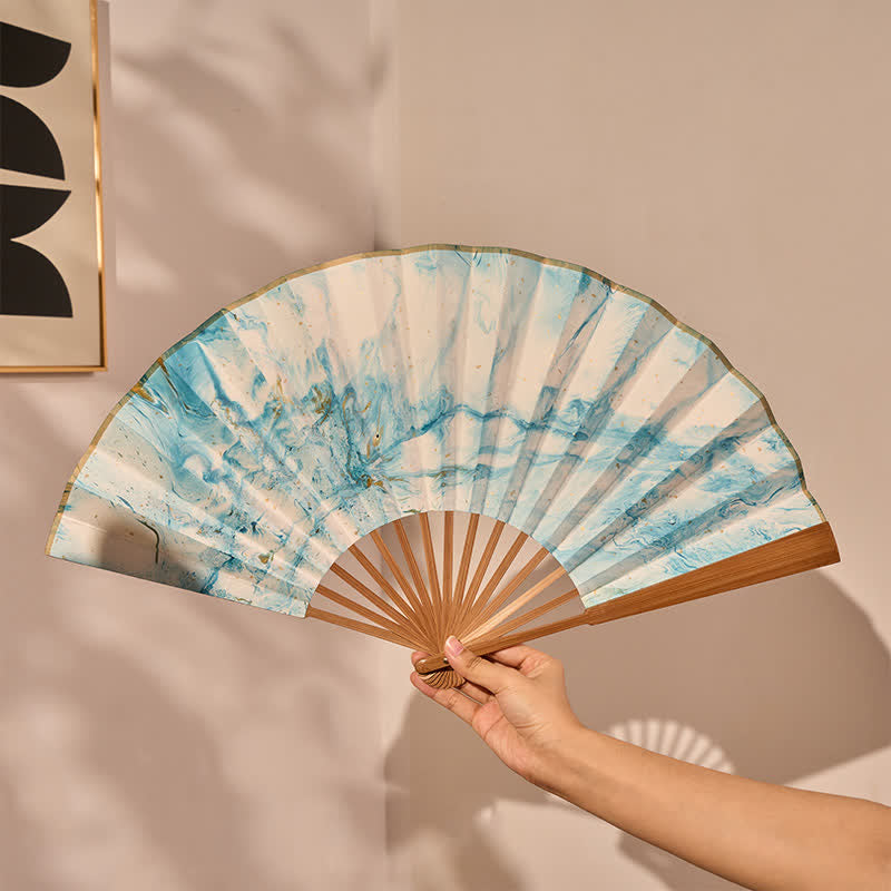 Buddha Stones Blue Gold Lacquer Floating Pattern Ink Bamboo Paper Folding Fan - image 3