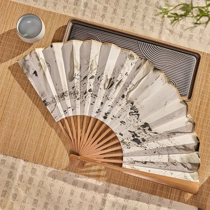 Buddha Stones Black Gold Lacquer Floating Pattern Ink Bamboo Paper Folding Fan - image 2