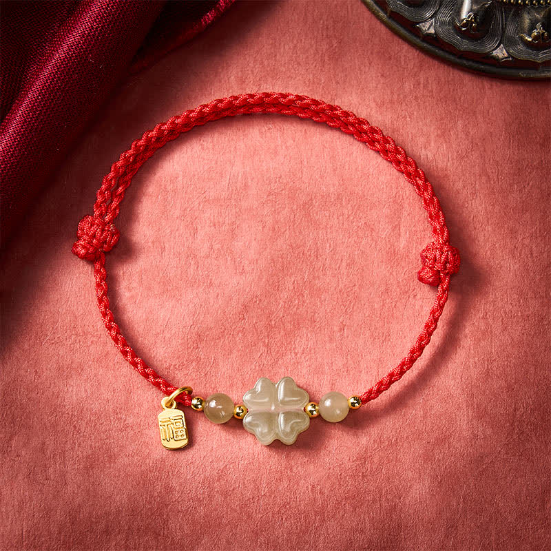 Buddha Stones Natural Hetian Jade Four-leaf Clover Fu Character Luck Red String Bracelet - image 1