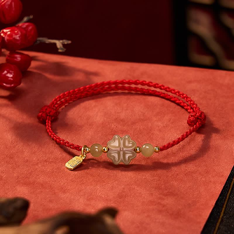 Buddha Stones Natural Hetian Jade Four-leaf Clover Fu Character Luck Red String Bracelet - Hetian Jade Four-leaf Clover (Wrist Circumference: 7.1 in/18 cm) - image 0