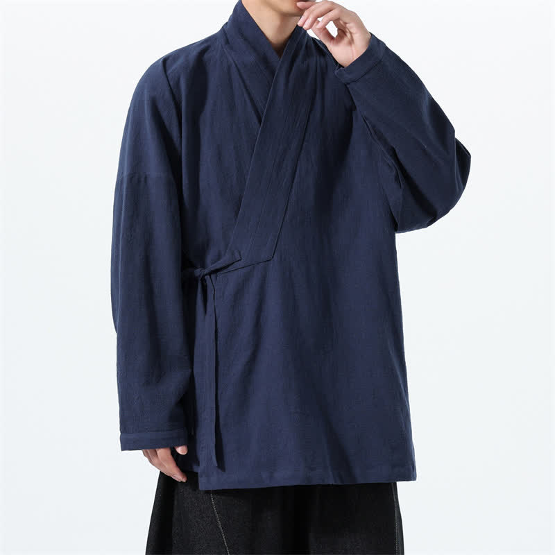 Buddha Stones Fall Winter Simple Tang Style Drawstring Solid Cotton Men's Kimono With Pocket - image 1
